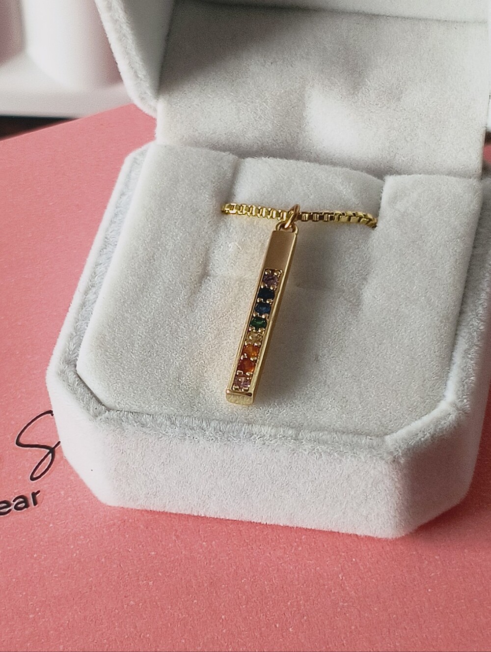 White Roses & Sherry 18k Gold Filled Rainbow CZ Bar Necklace